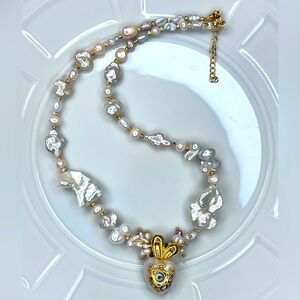 🐰 Handmade Freshwater Keshi Pearl Heart ❤️ 🐰 Baroque Pearl Character Necklace